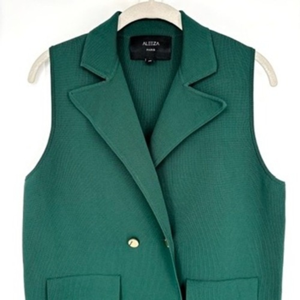 Aleeza Paris Long Knit Blazer Vest Emerald Green Double Breasted Longline XS - Picture 3 of 14